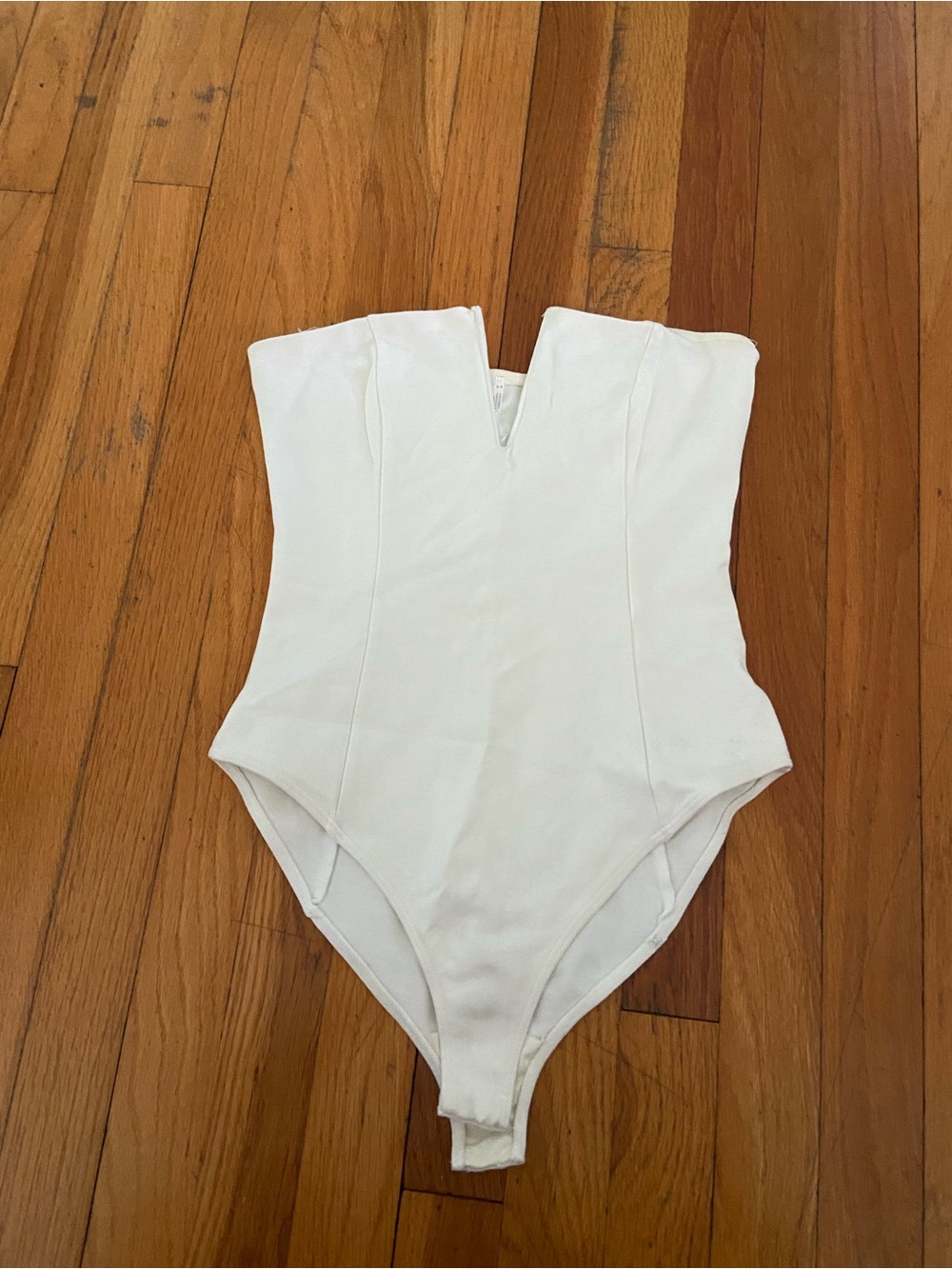 White Strapless V-Notch One-Piece Bodysuit
